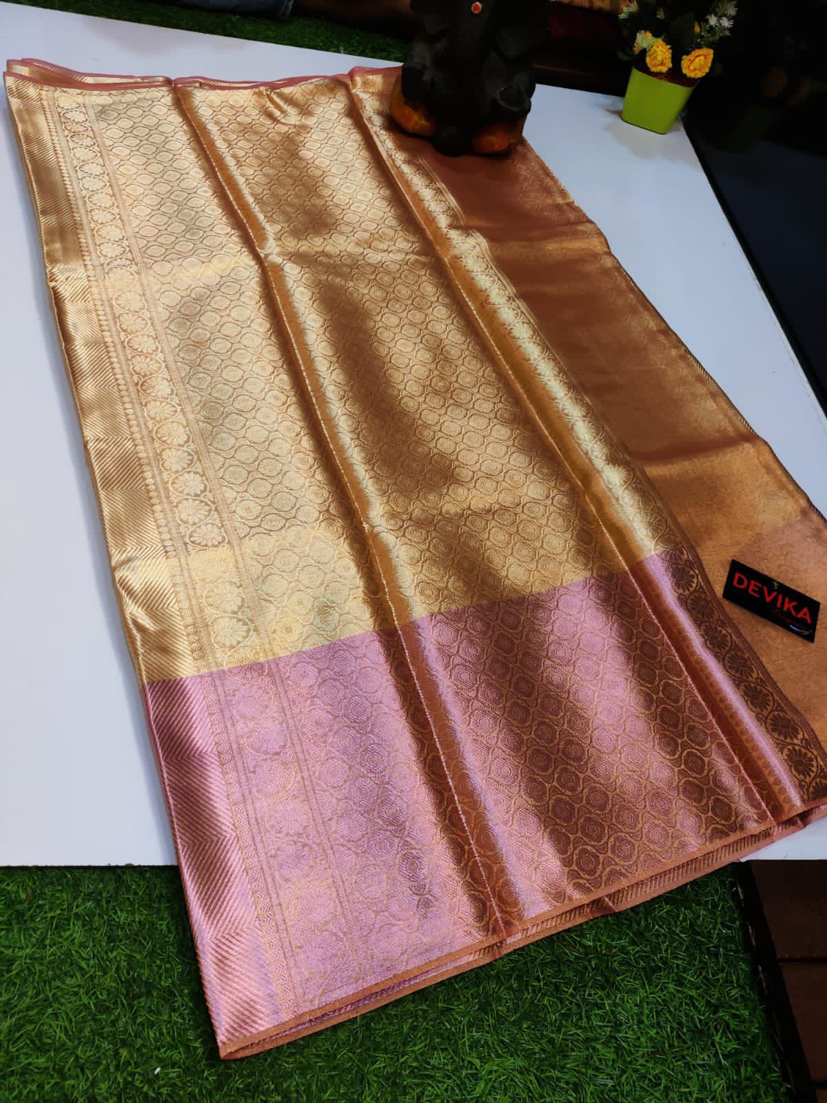 Jothika Tissue Saree with Contrast Border and Blouse – Fully Zari Weaving